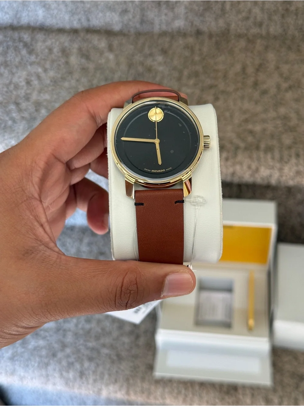 Movado bold Gold-Tone Case Black Dial Brown Leather Strap mens Watch